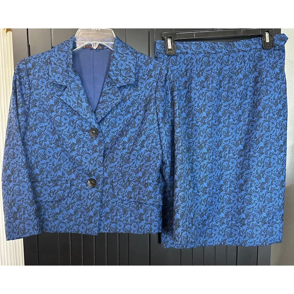 Vintage Skirt Suit Juniors Small 60s 70s Japan Blue Jacquard Floral Jacket Skirt
